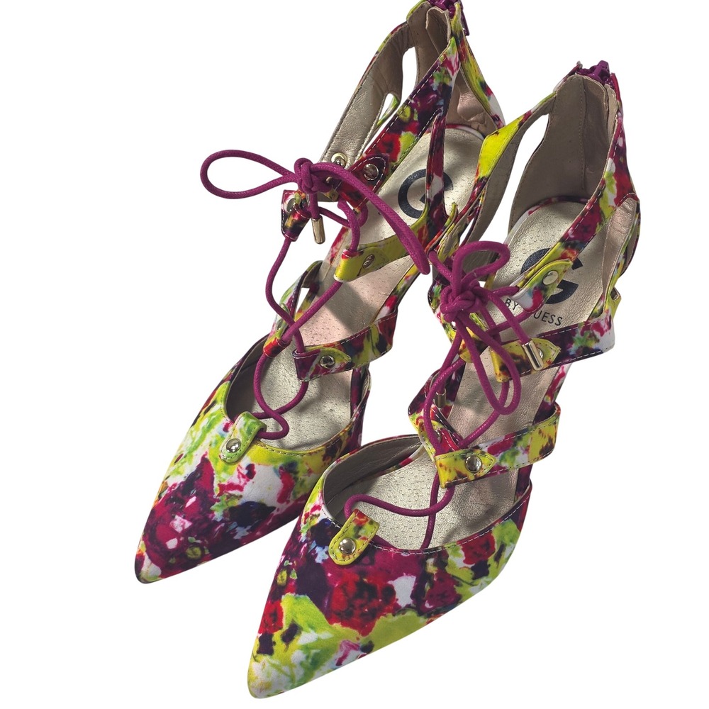 G by Guess Krona Multi Floral Lace Up Pointed Toe Stiletto Pumps Womens 8.5M